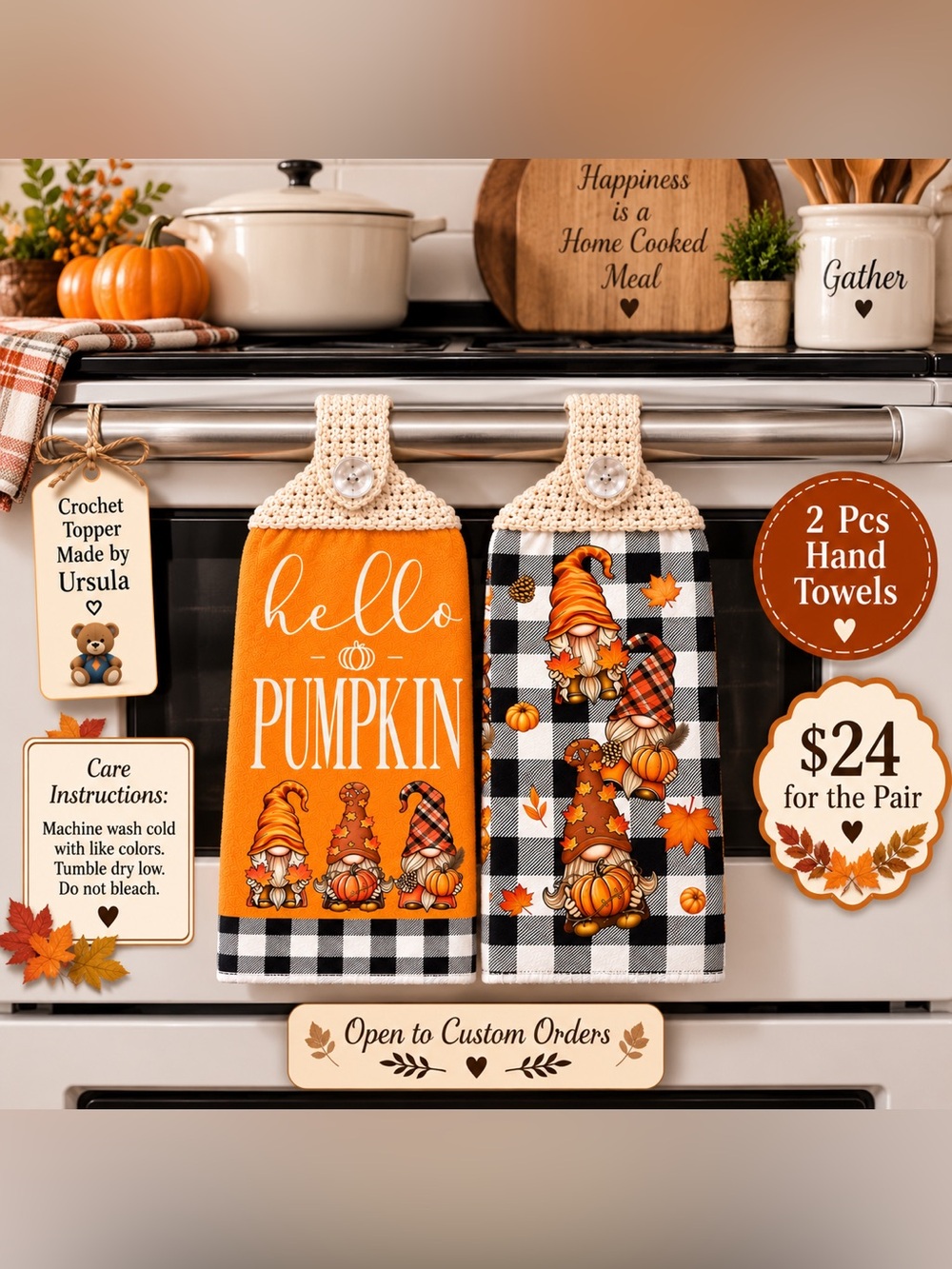 Hand Crafted Orange and Black Plaid Autumn Kitchen Hanging Towels - Set of 2